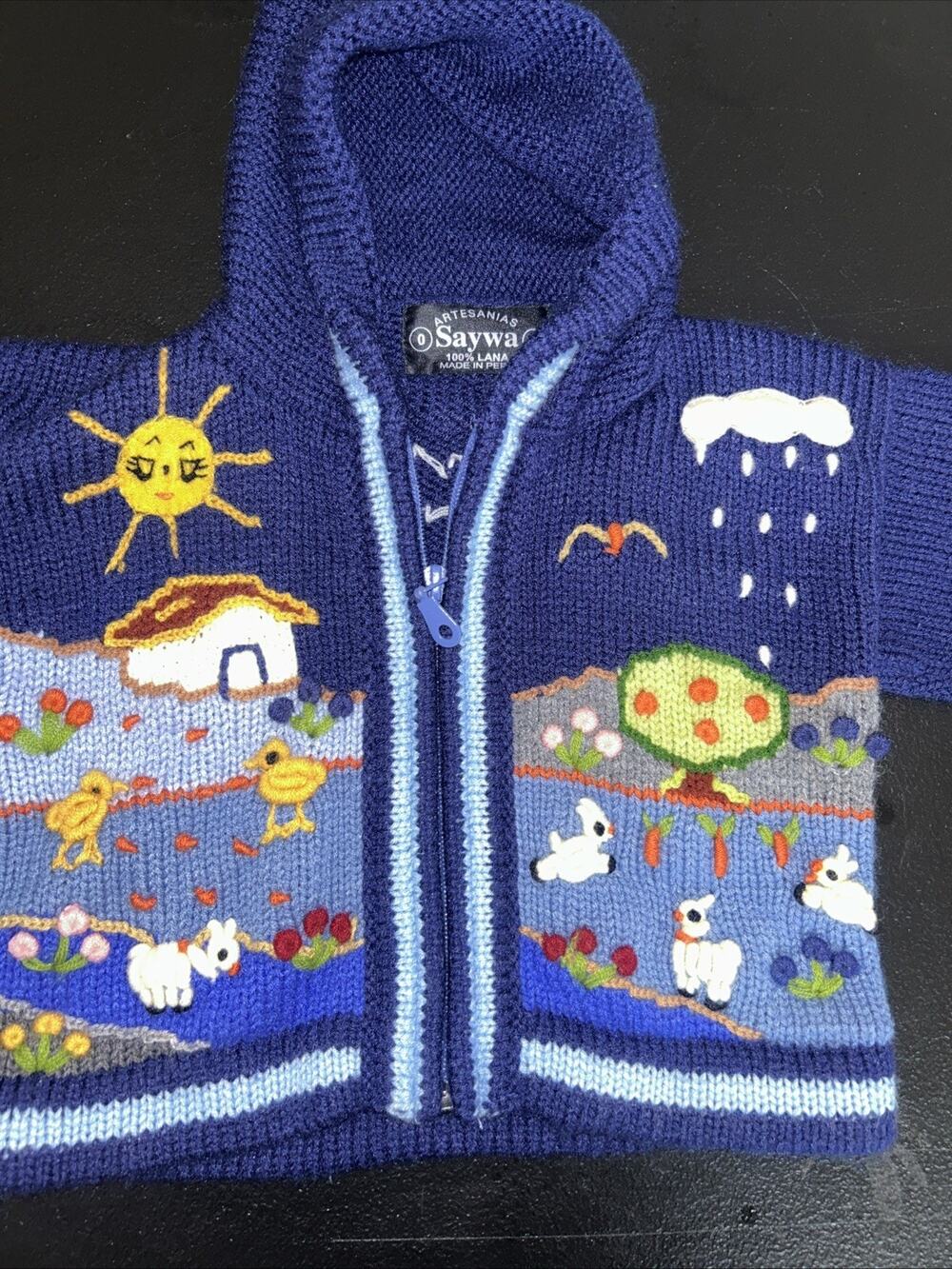 Peruvian Baby Sweater 0-12M Blue Farm Animal Chunky Knit Embroidered Handmade